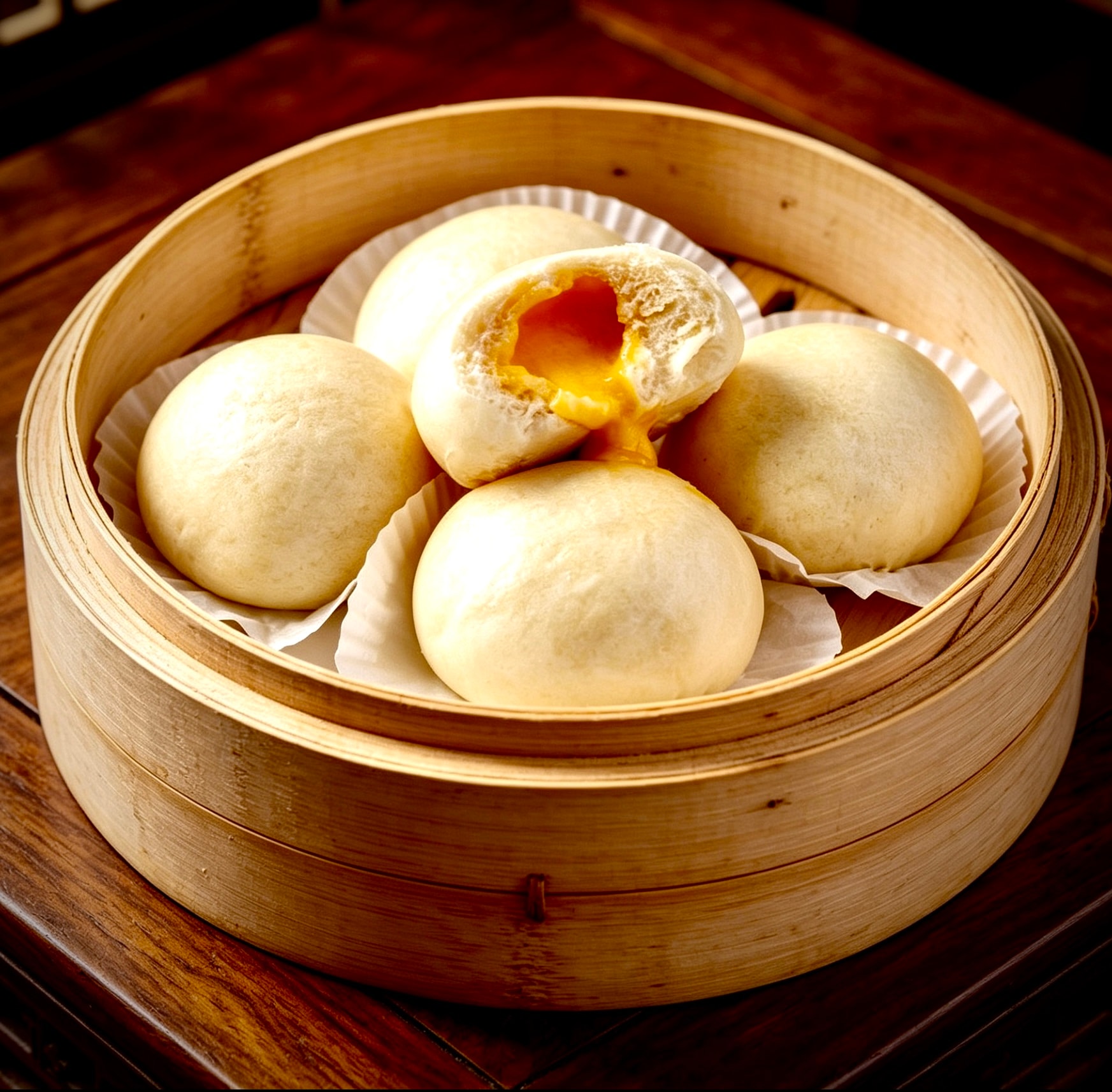 Steamed bao buns in a bamboo basket, one broken open to reveal custard filling